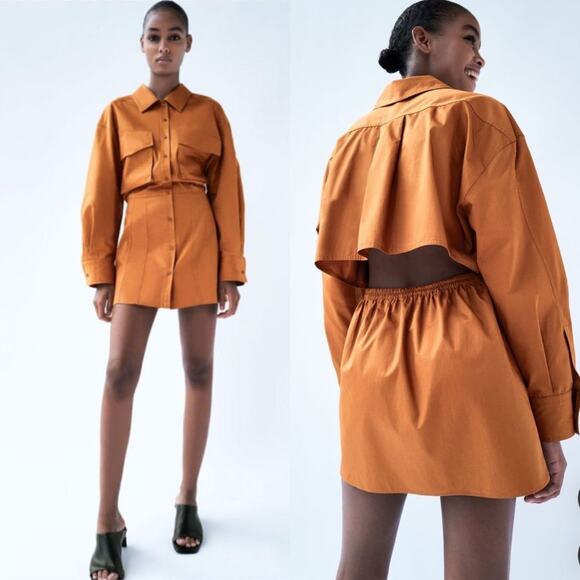 Zara Shirt Dress Small Orange Utility Poplin Cargo Open Back Blogger Fave - Picture 1 of 12
